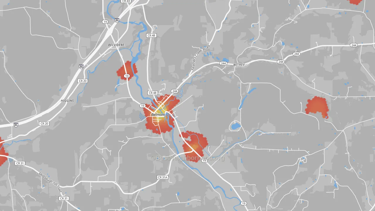 Walk Grade map of Belmont, NY, walkable areas in green and car-dependent areas in red