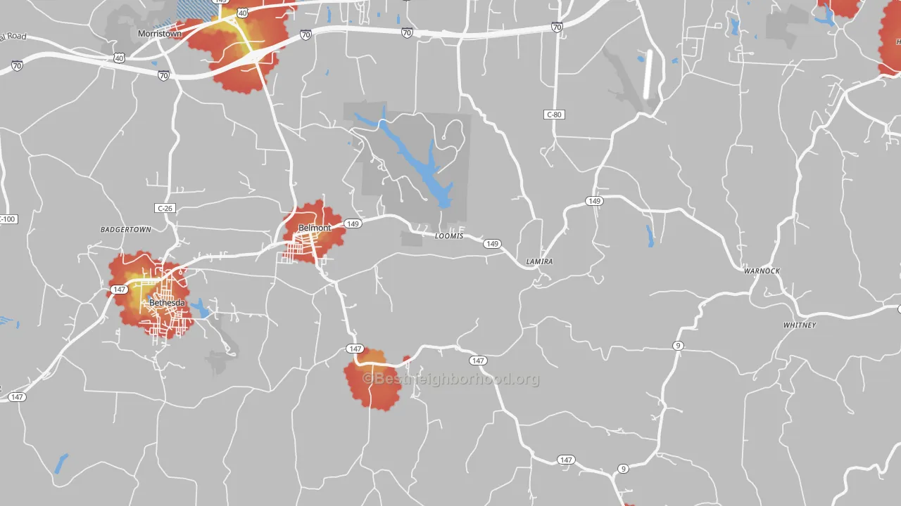 Walk Grade map of Belmont, OH, walkable areas in green and car-dependent areas in red