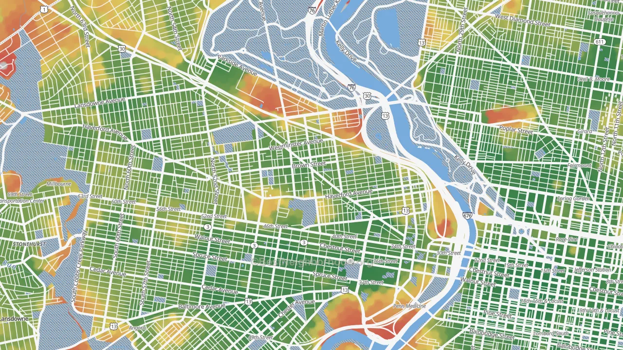 Walk Grade map of Belmont, Philadelphia, PA, walkable areas in green and car-dependent areas in red