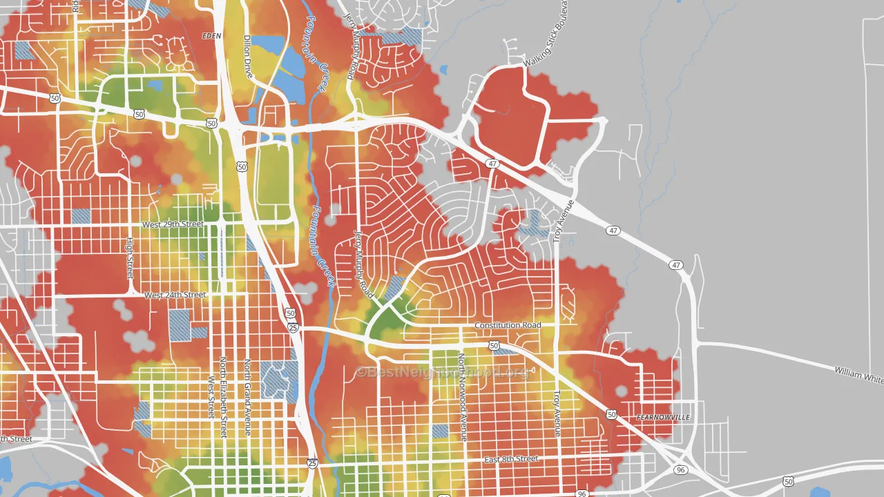 Walk Grade map of Belmont, Pueblo, CO, walkable areas in green and car-dependent areas in red