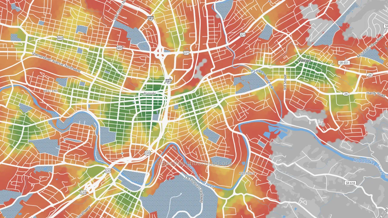 Walk Grade map of Belmont, Roanoke, VA, walkable areas in green and car-dependent areas in red