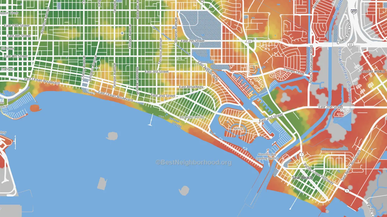 Walk Grade map of Belmont Shore, Long Beach, CA, walkable areas in green and car-dependent areas in red