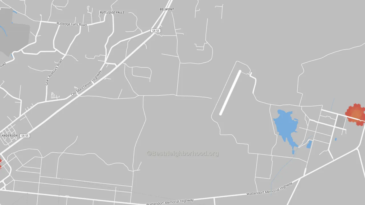 Walk Grade map of Belmont, TN, walkable areas in green and car-dependent areas in red