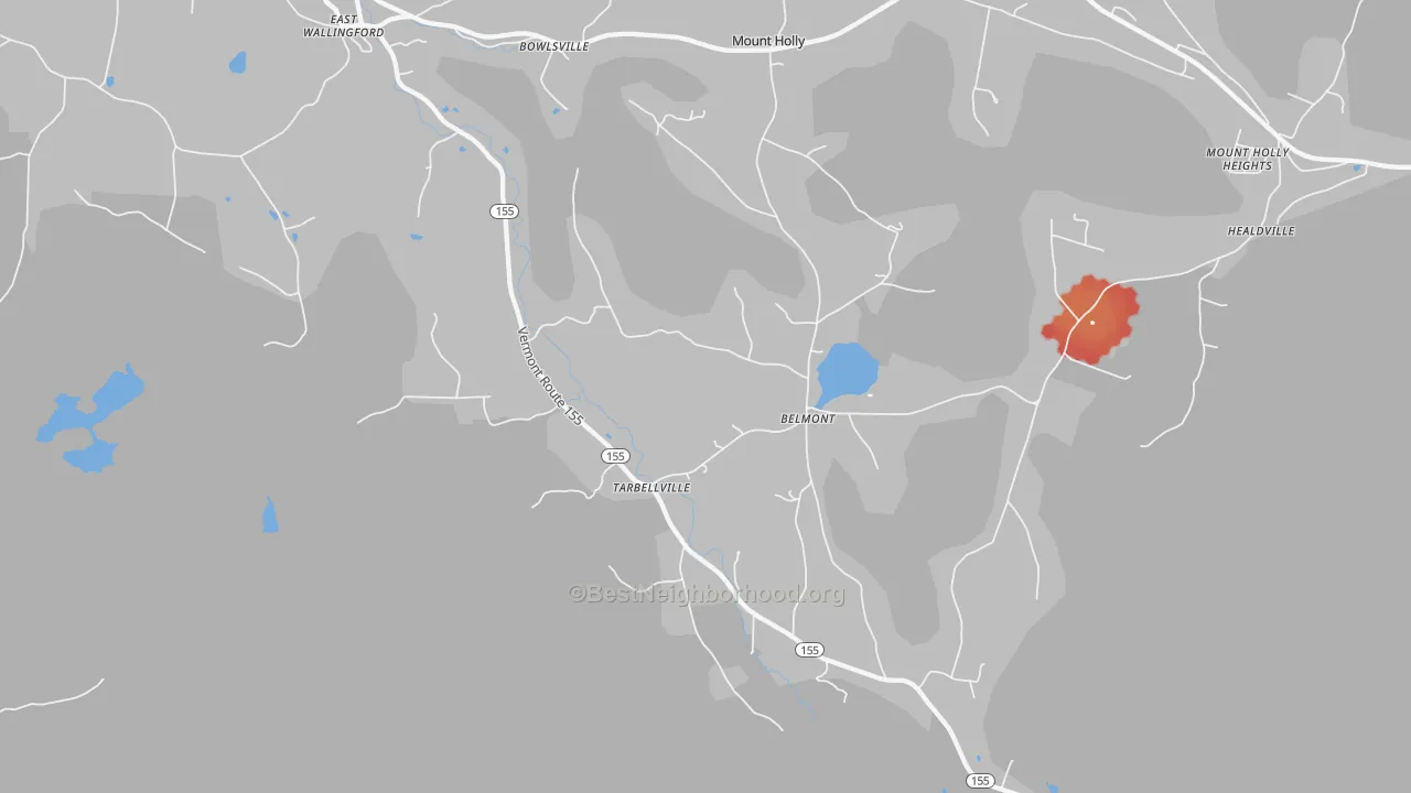 Walk Grade map of Belmont, VT, walkable areas in green and car-dependent areas in red