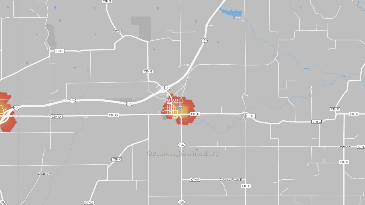Walk Grade map of Belmont, WI, walkable areas in green and car-dependent areas in red