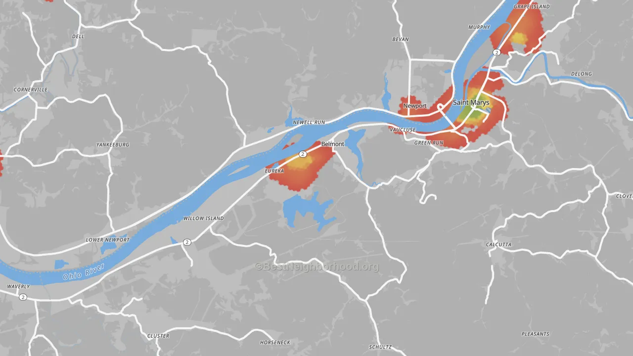 Walk Grade map of Belmont, WV, walkable areas in green and car-dependent areas in red