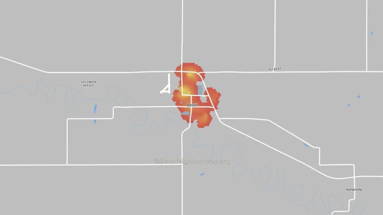 Walk Grade map of Beloit, KS, walkable areas in green and car-dependent areas in red