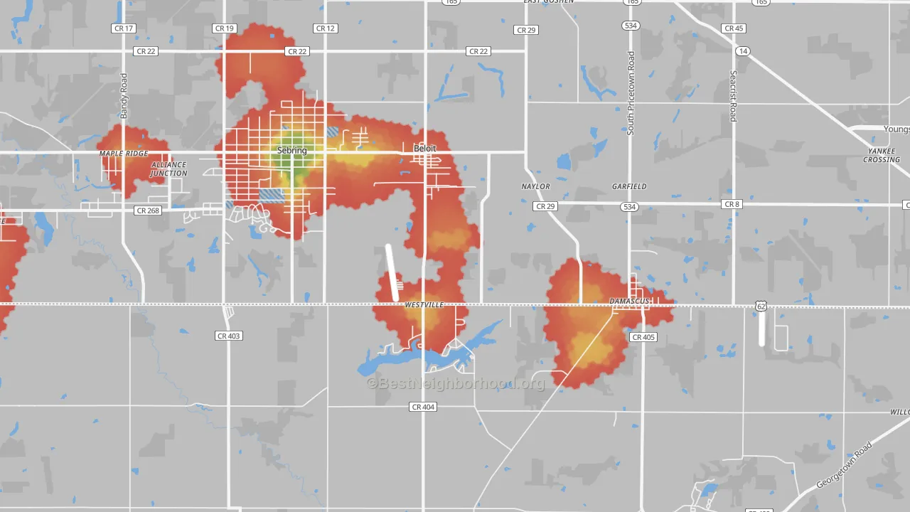 Walk Grade map of Beloit, OH, walkable areas in green and car-dependent areas in red