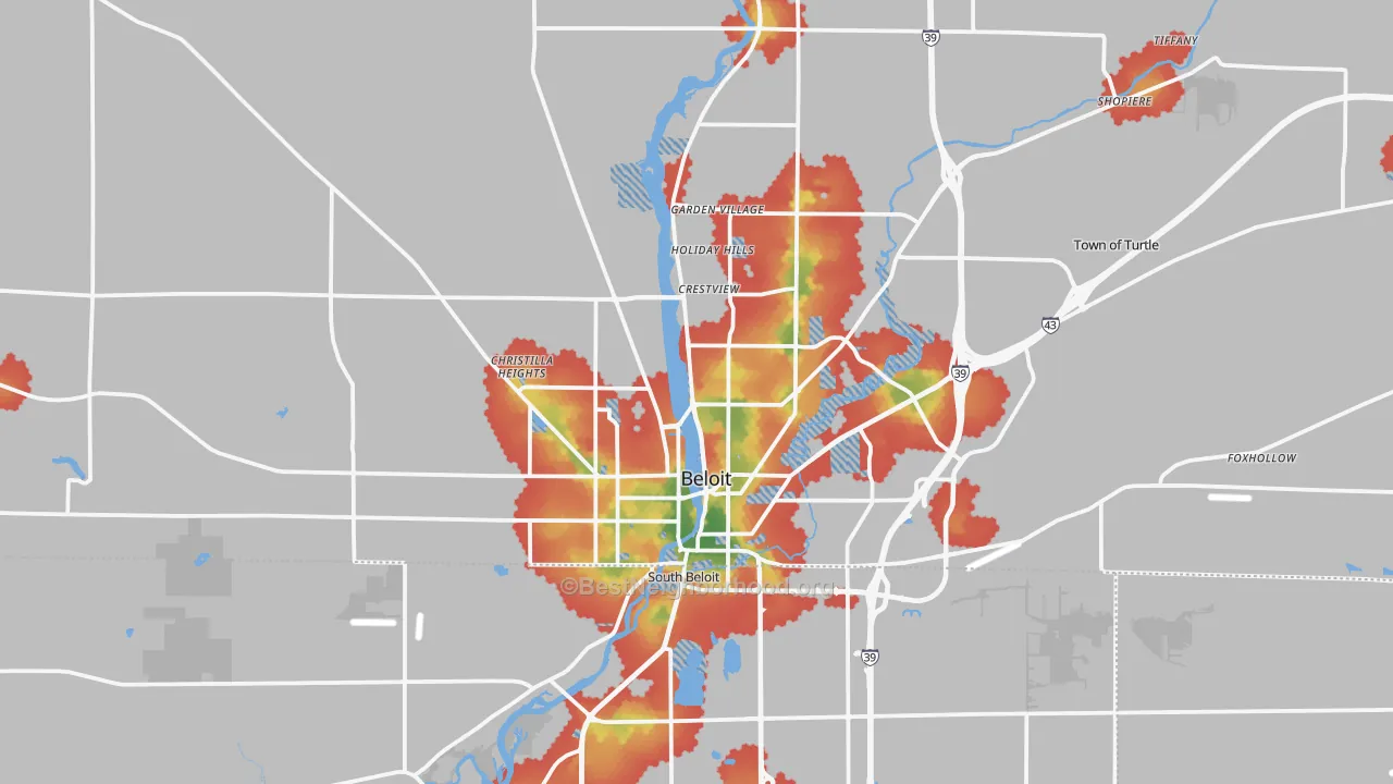 Walk Grade map of Beloit, WI, walkable areas in green and car-dependent areas in red