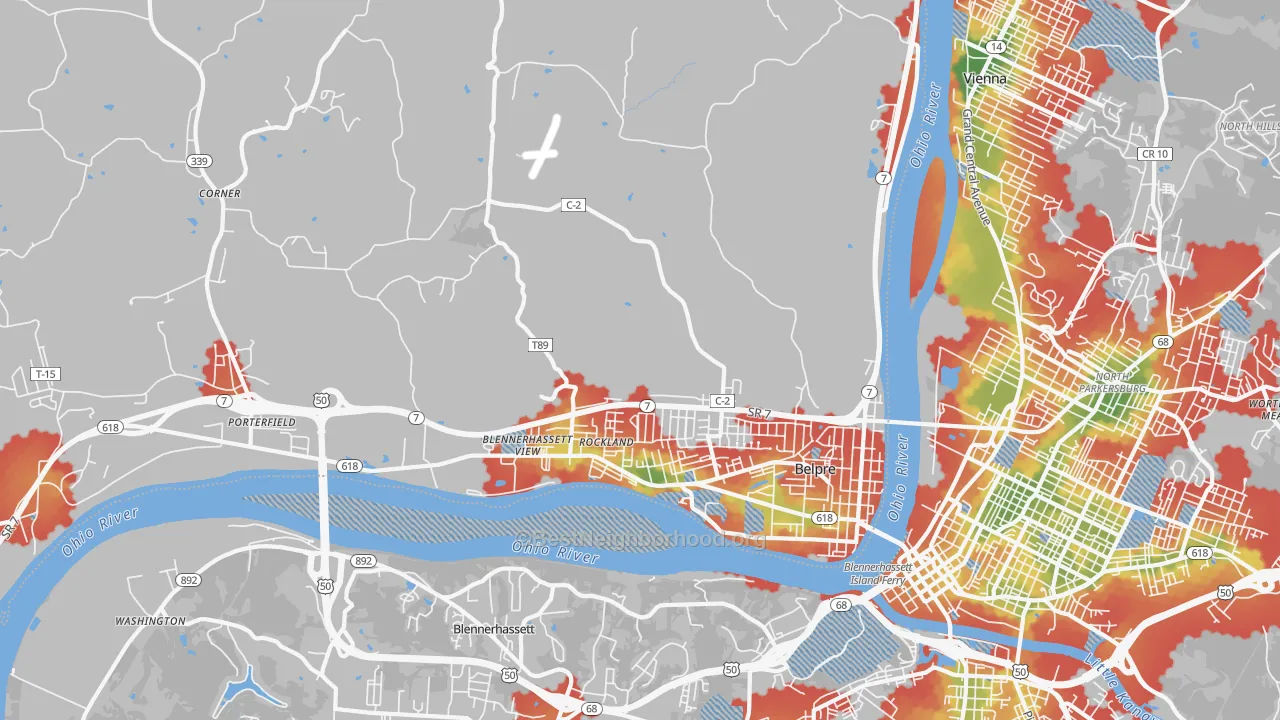 Walk Grade map of Belpre, OH, walkable areas in green and car-dependent areas in red