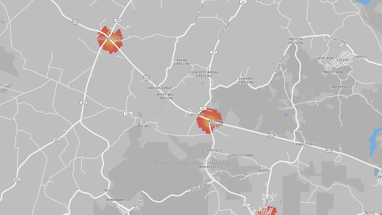 Walk Grade map of Belsano, PA, walkable areas in green and car-dependent areas in red