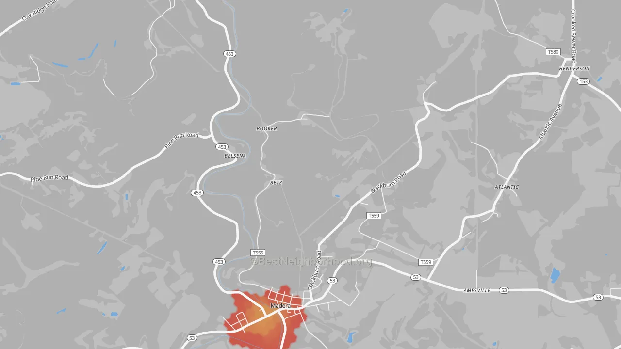 Walk Grade map of Belsena Mills, PA, walkable areas in green and car-dependent areas in red