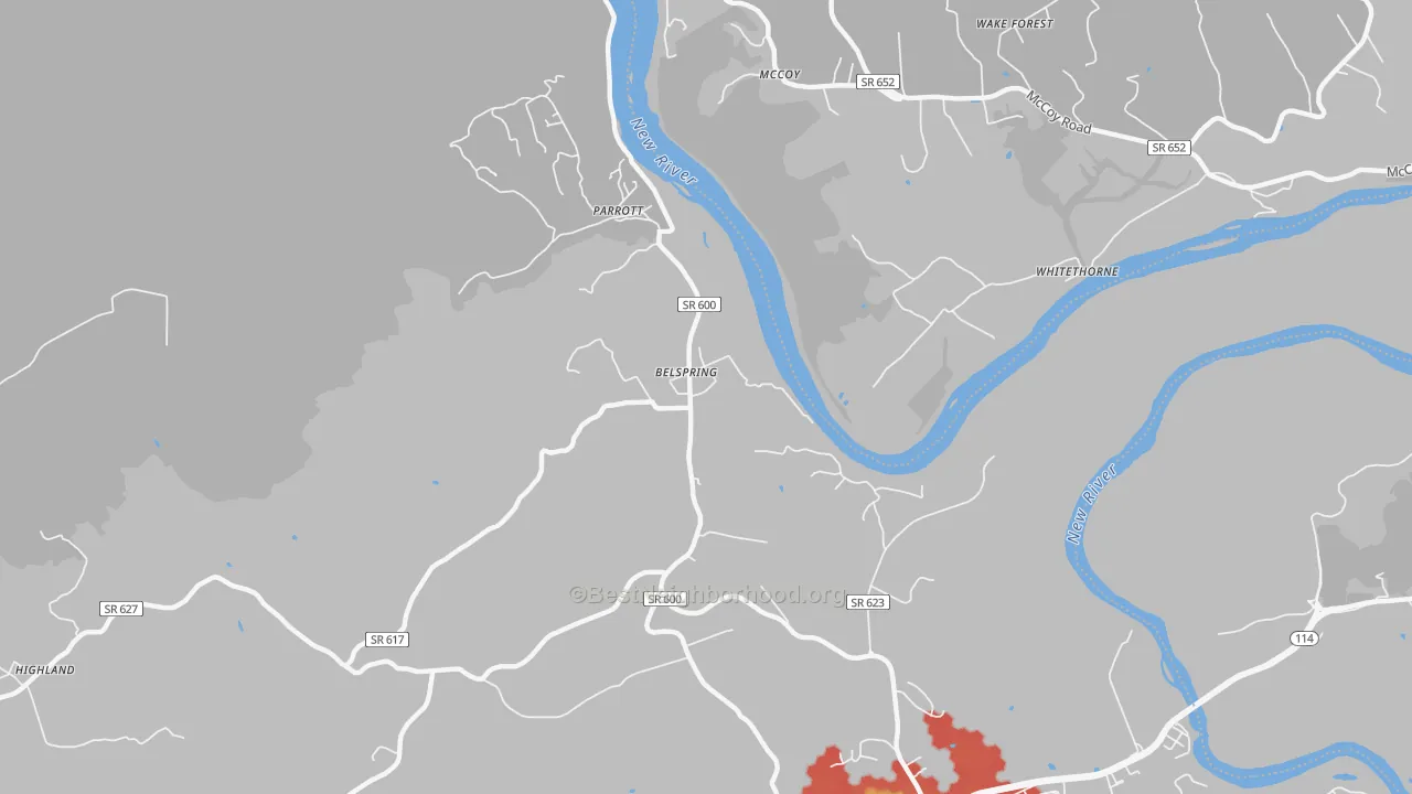 Walk Grade map of Belspring, VA, walkable areas in green and car-dependent areas in red