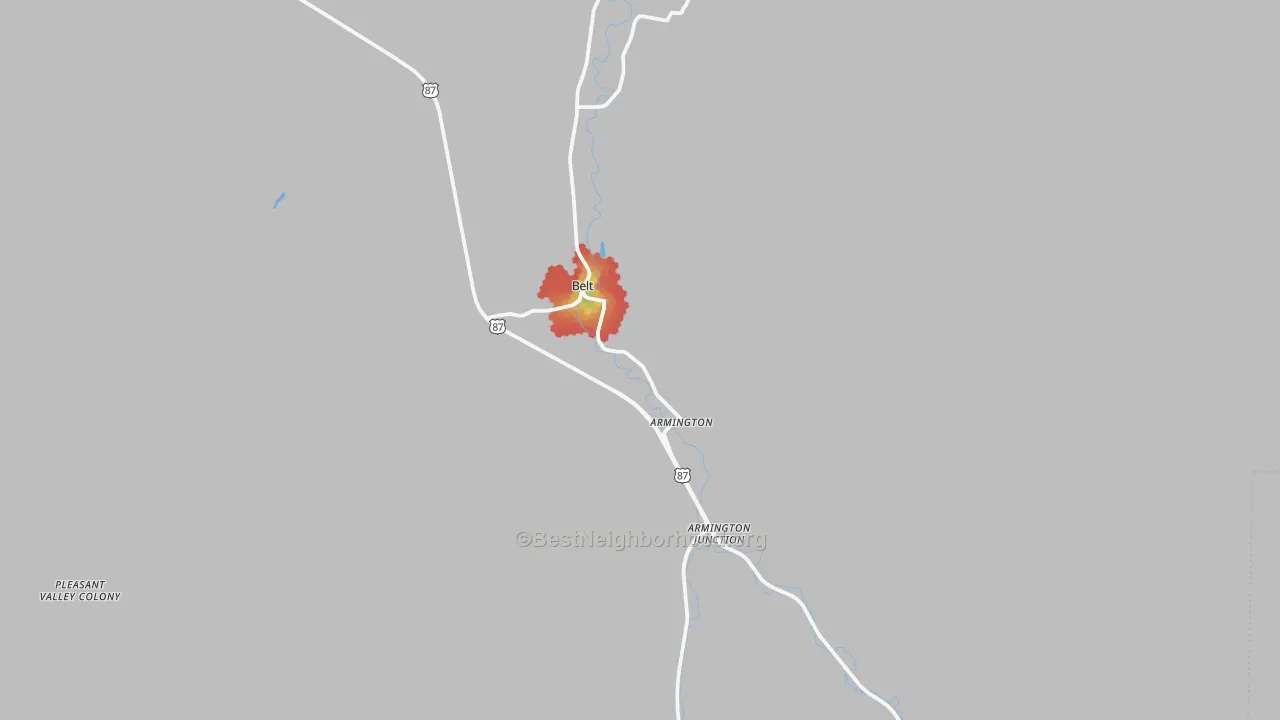 Walk Grade map of Belt, MT, walkable areas in green and car-dependent areas in red
