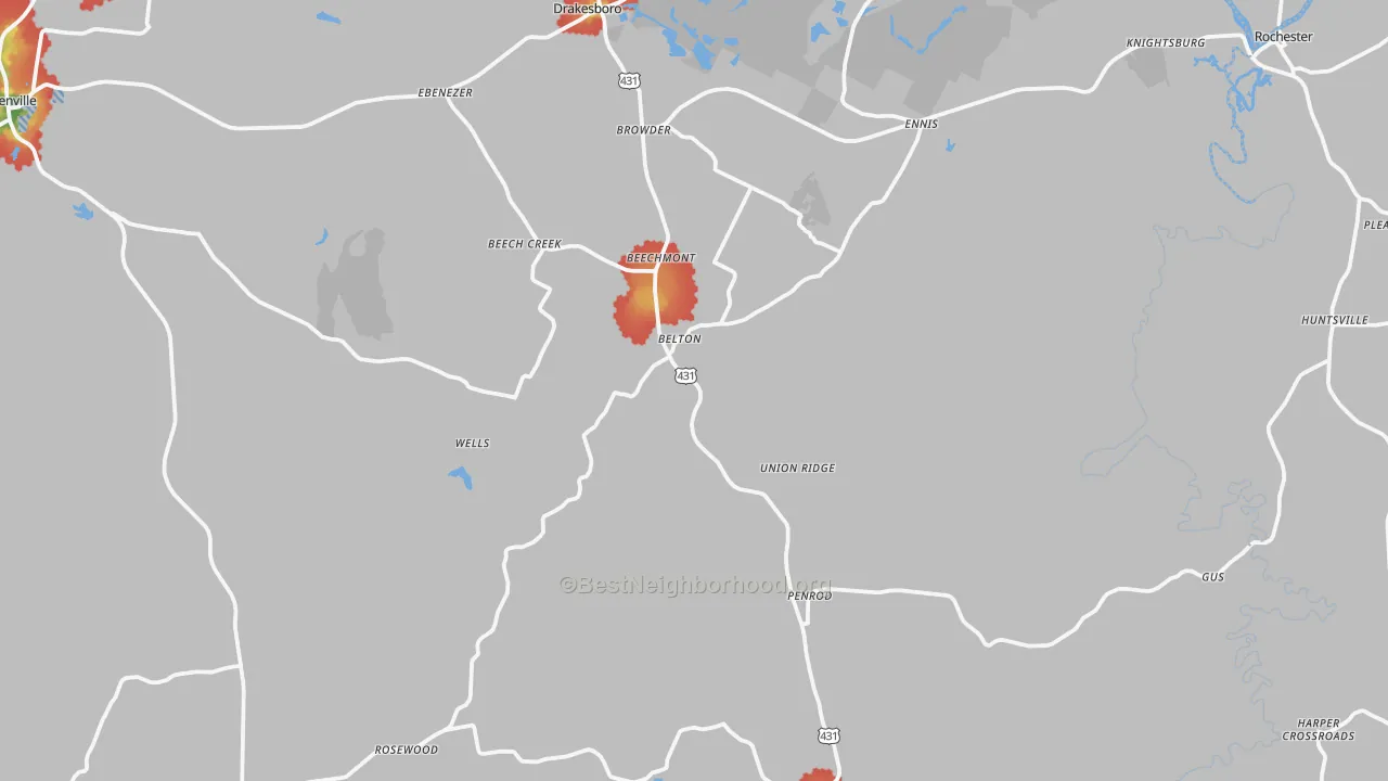 Walk Grade map of Belton, KY, walkable areas in green and car-dependent areas in red