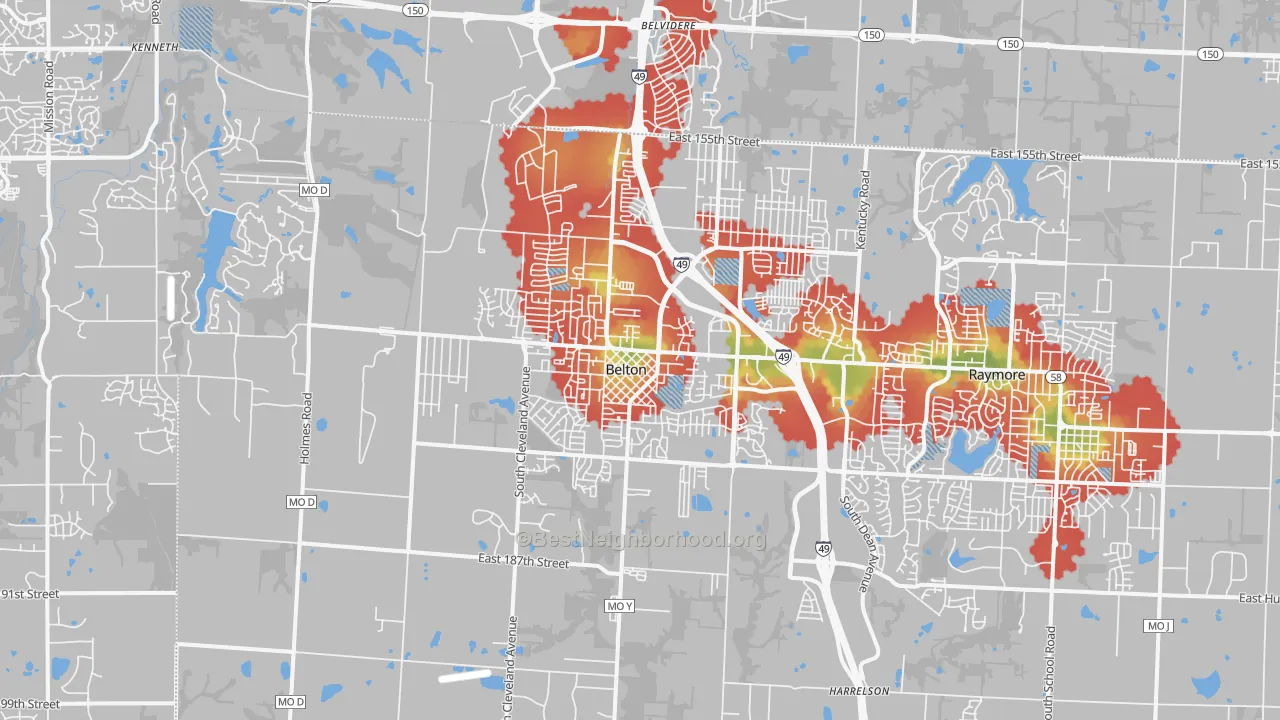 Walk Grade map of Belton, MO, walkable areas in green and car-dependent areas in red