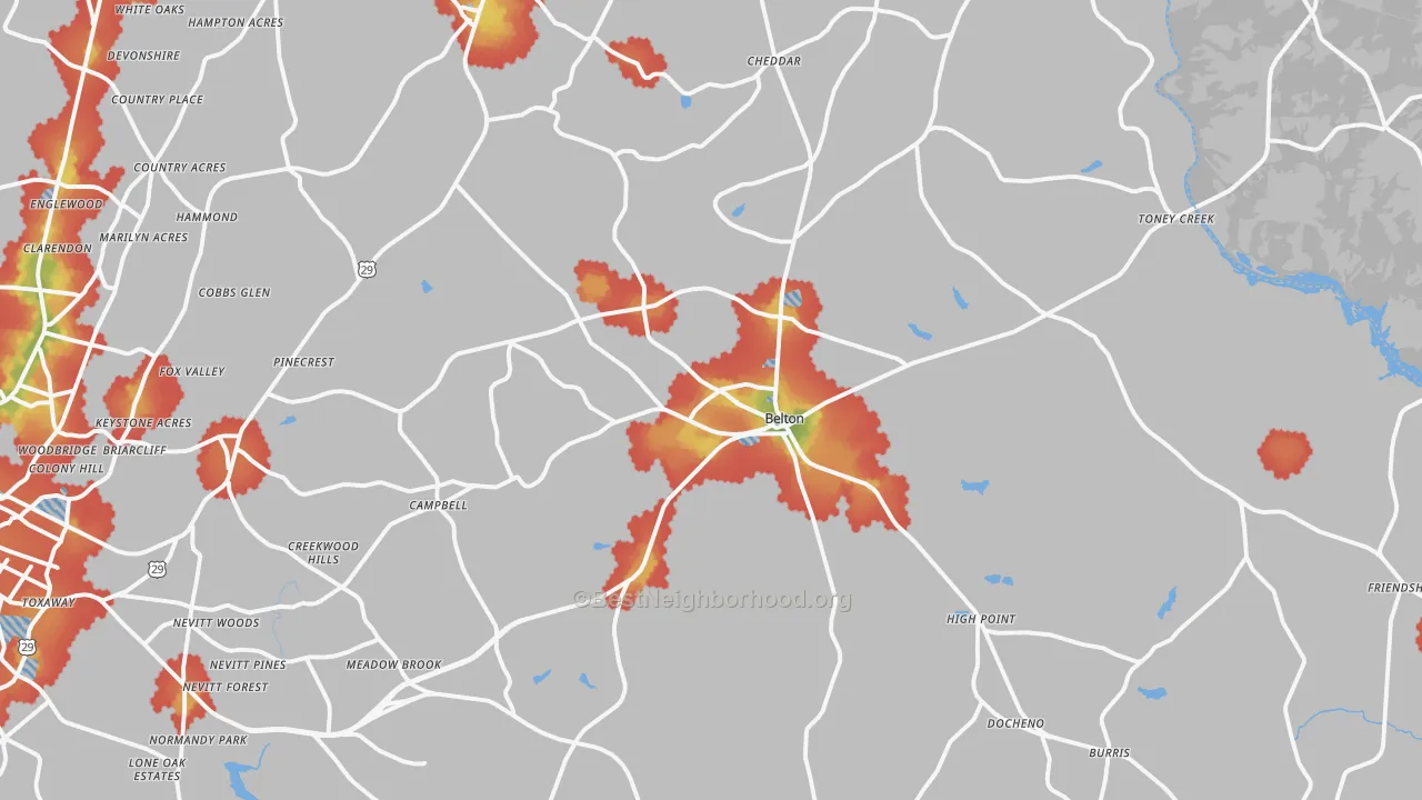 Walk Grade map of Belton, SC, walkable areas in green and car-dependent areas in red