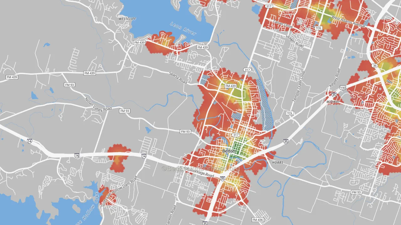 Walk Grade map of Belton, TX, walkable areas in green and car-dependent areas in red