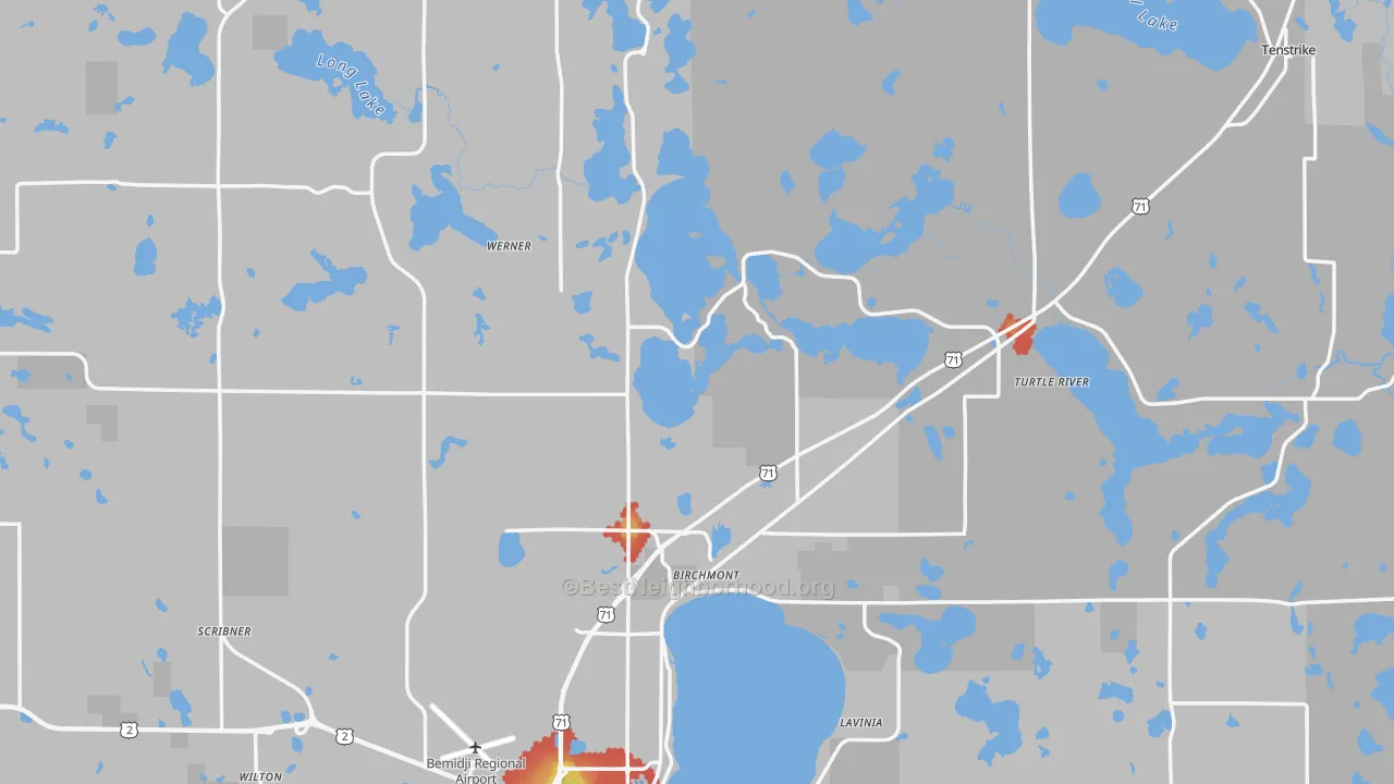 Walk Grade map of Beltrami County, MN, walkable areas in green and car-dependent areas in red