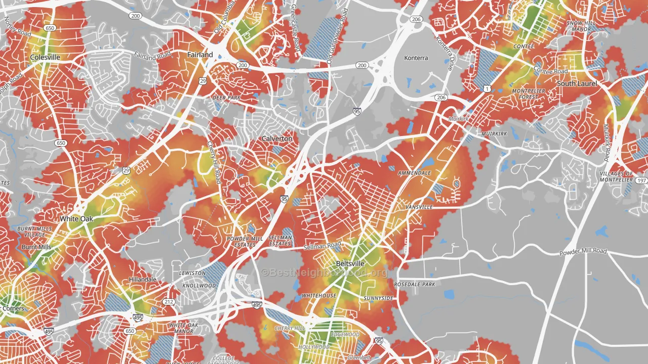 Walk Grade map of Beltsville, MD, walkable areas in green and car-dependent areas in red