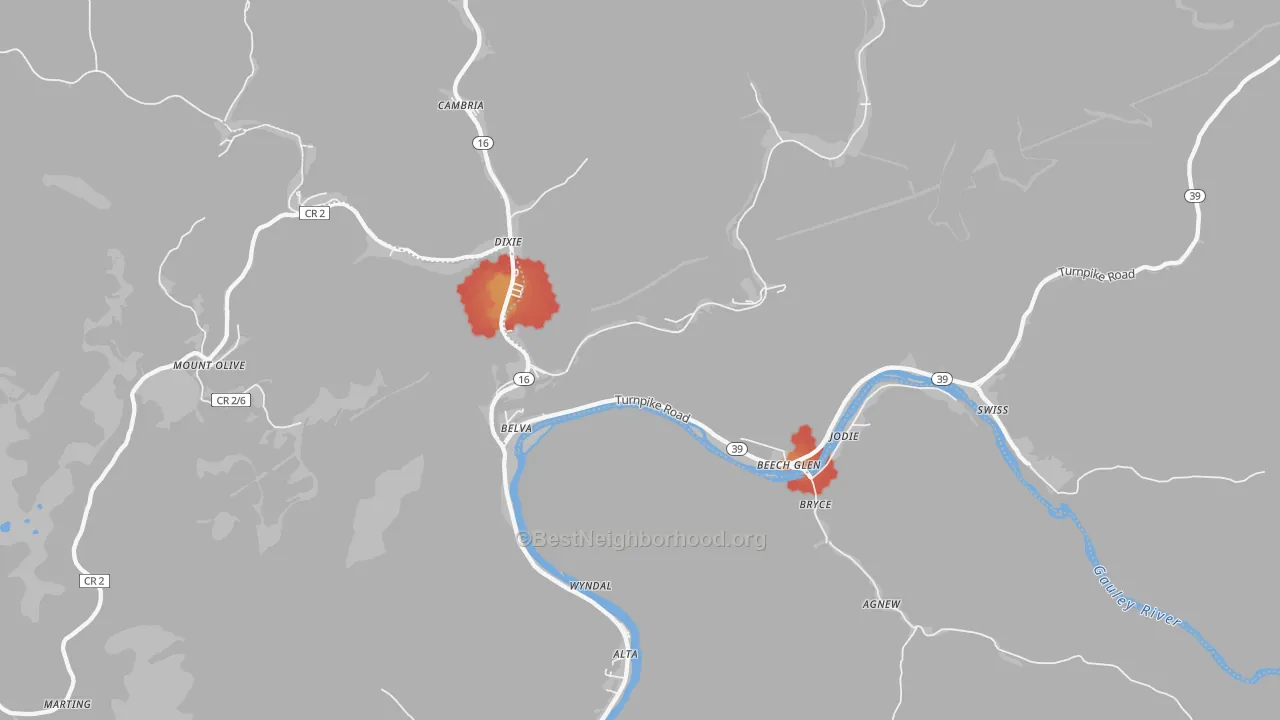 Walk Grade map of Belva, WV, walkable areas in green and car-dependent areas in red