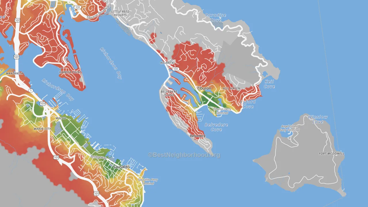 Walk Grade map of Belvedere, CA, walkable areas in green and car-dependent areas in red