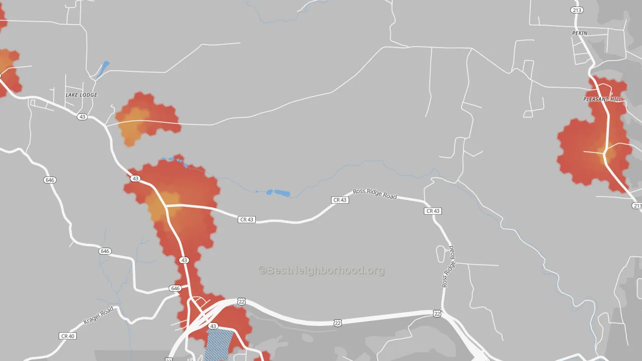 Walk Grade map of Belvedere, OH, walkable areas in green and car-dependent areas in red