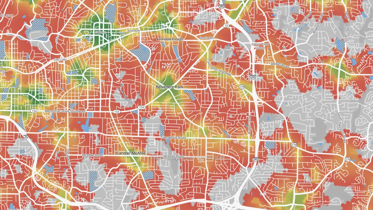 Walk Grade map of Belvedere Park, GA, walkable areas in green and car-dependent areas in red