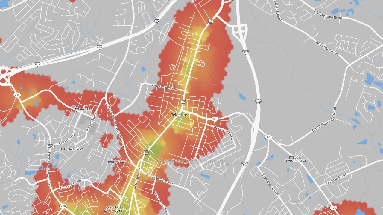Walk Grade map of Belvedere, SC, walkable areas in green and car-dependent areas in red