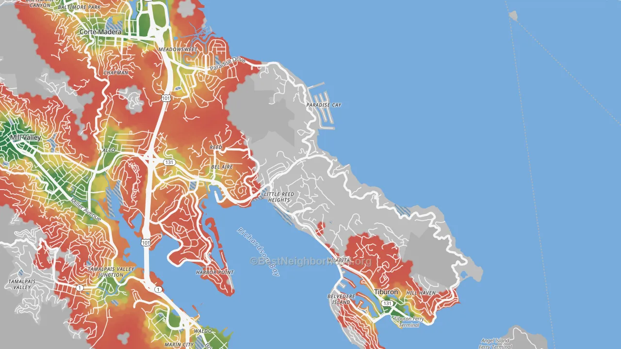 Walk Grade map of Belvedere-Tiburon, CA, walkable areas in green and car-dependent areas in red