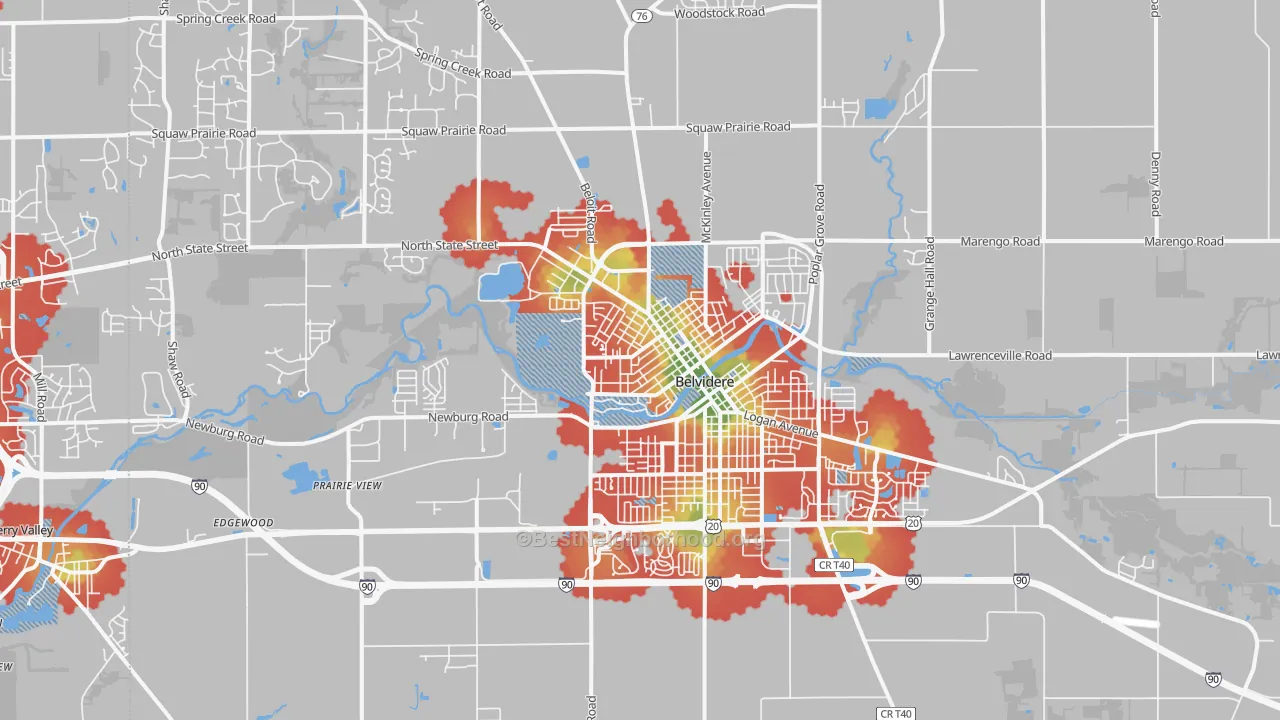 Walk Grade map of Belvidere, IL, walkable areas in green and car-dependent areas in red