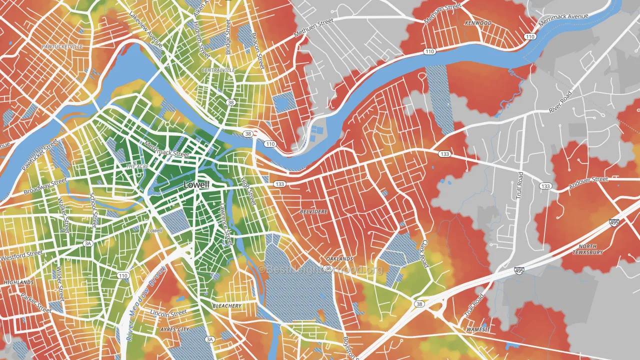 Walk Grade map of Belvidere, Lowell, MA, walkable areas in green and car-dependent areas in red