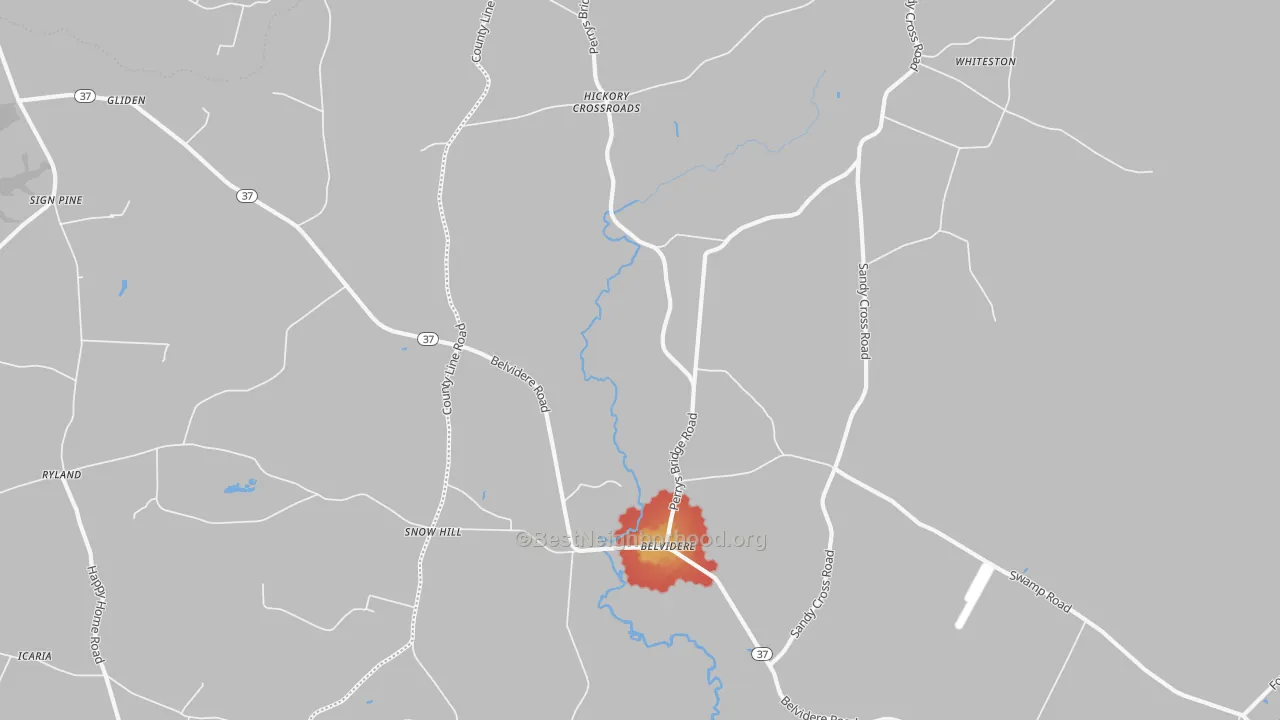Walk Grade map of Belvidere, NC, walkable areas in green and car-dependent areas in red
