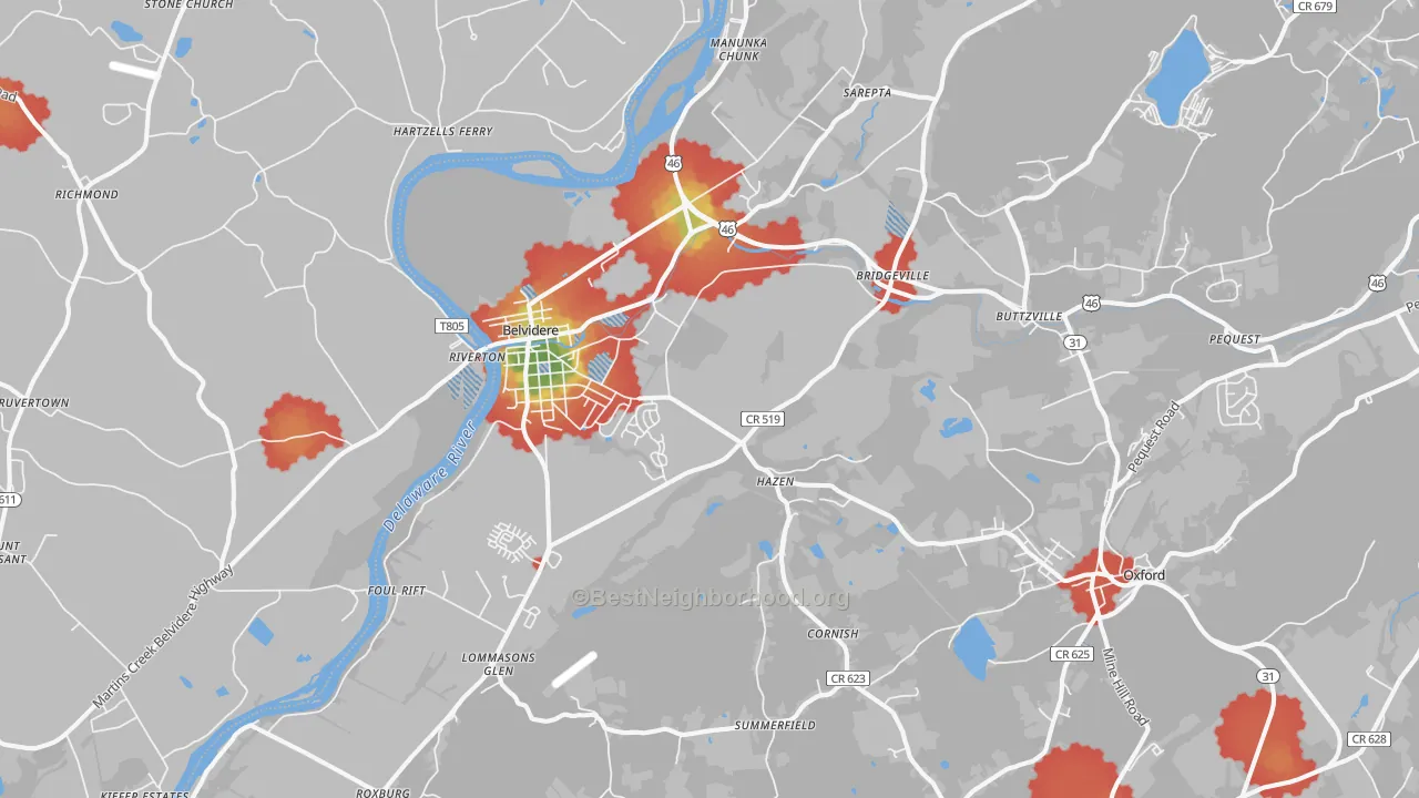 Walk Grade map of Belvidere, NJ, walkable areas in green and car-dependent areas in red
