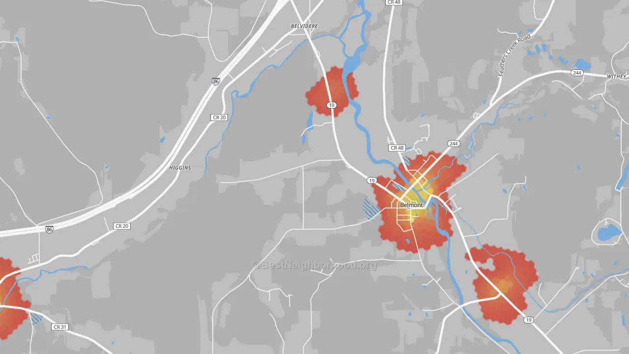 Walk Grade map of Belvidere, NY, walkable areas in green and car-dependent areas in red