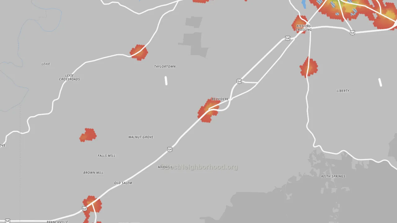 Walk Grade map of Belvidere, TN, walkable areas in green and car-dependent areas in red