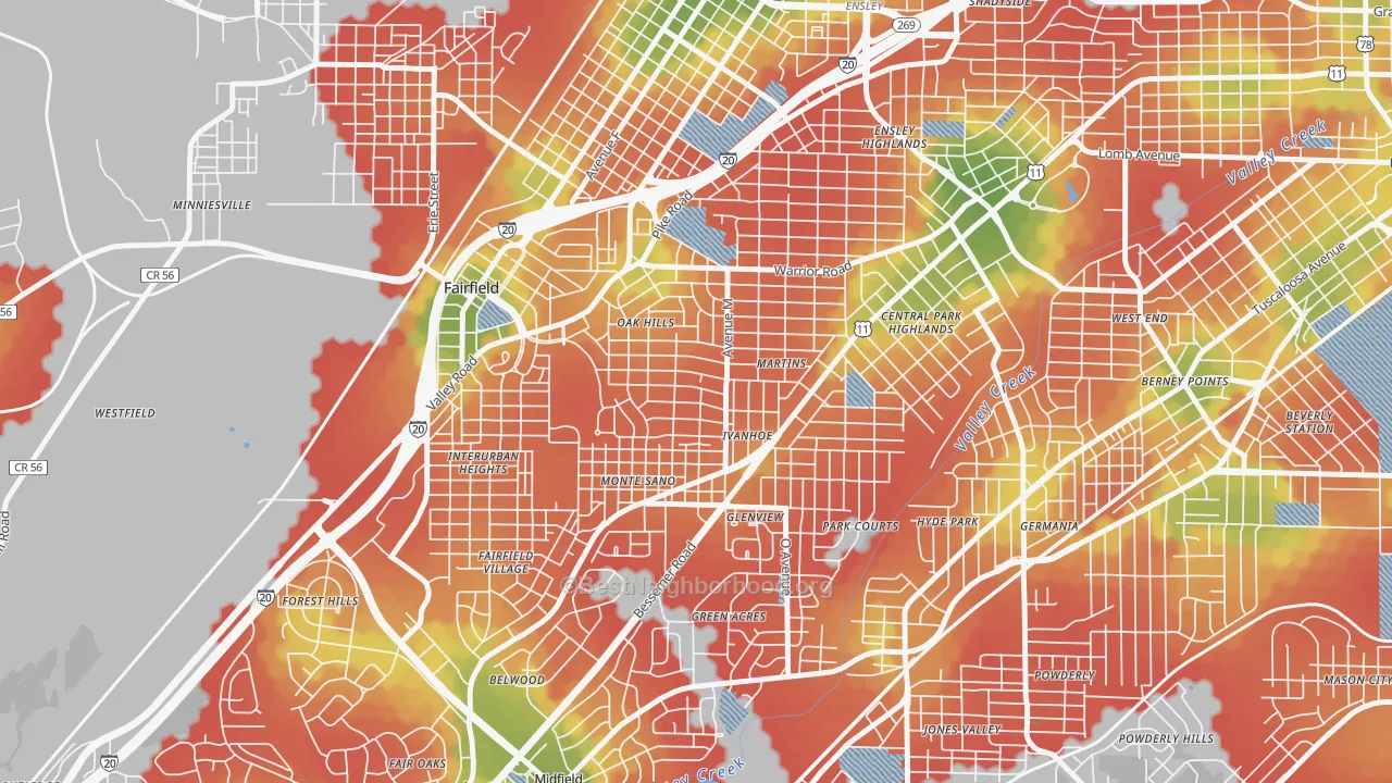 Walk Grade map of Belview Heights, Birmingham, AL, walkable areas in green and car-dependent areas in red