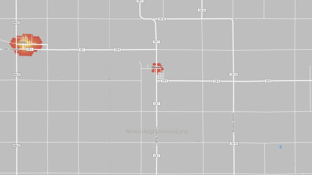 Walk Grade map of Belview, MN, walkable areas in green and car-dependent areas in red