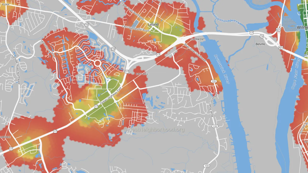 Walk Grade map of Belville, NC, walkable areas in green and car-dependent areas in red