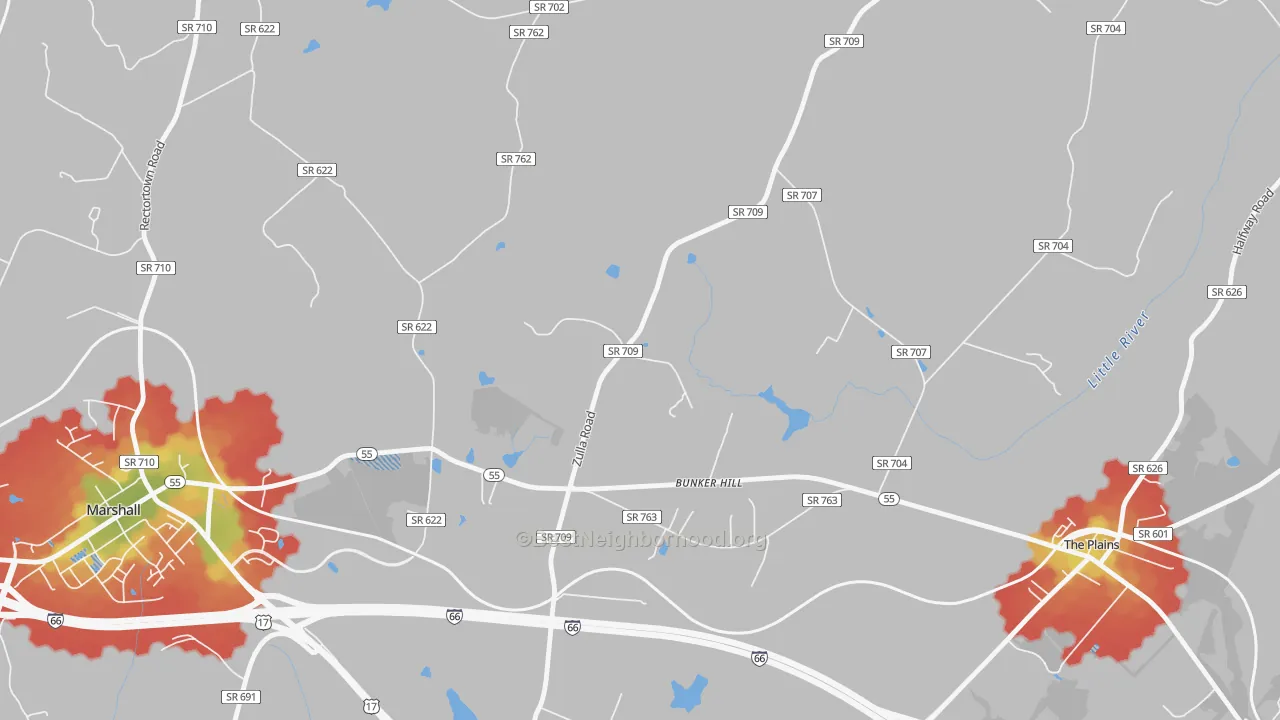 Walk Grade map of Belvoir, VA, walkable areas in green and car-dependent areas in red
