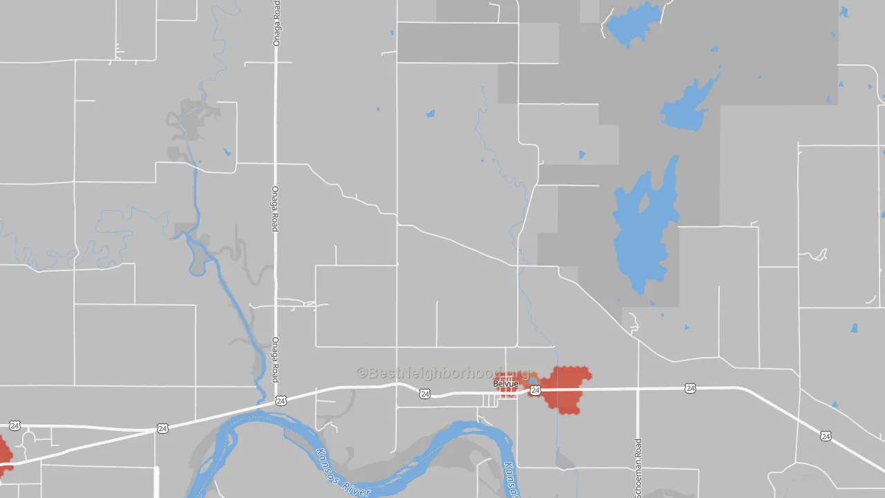 Walk Grade map of Belvue, KS, walkable areas in green and car-dependent areas in red