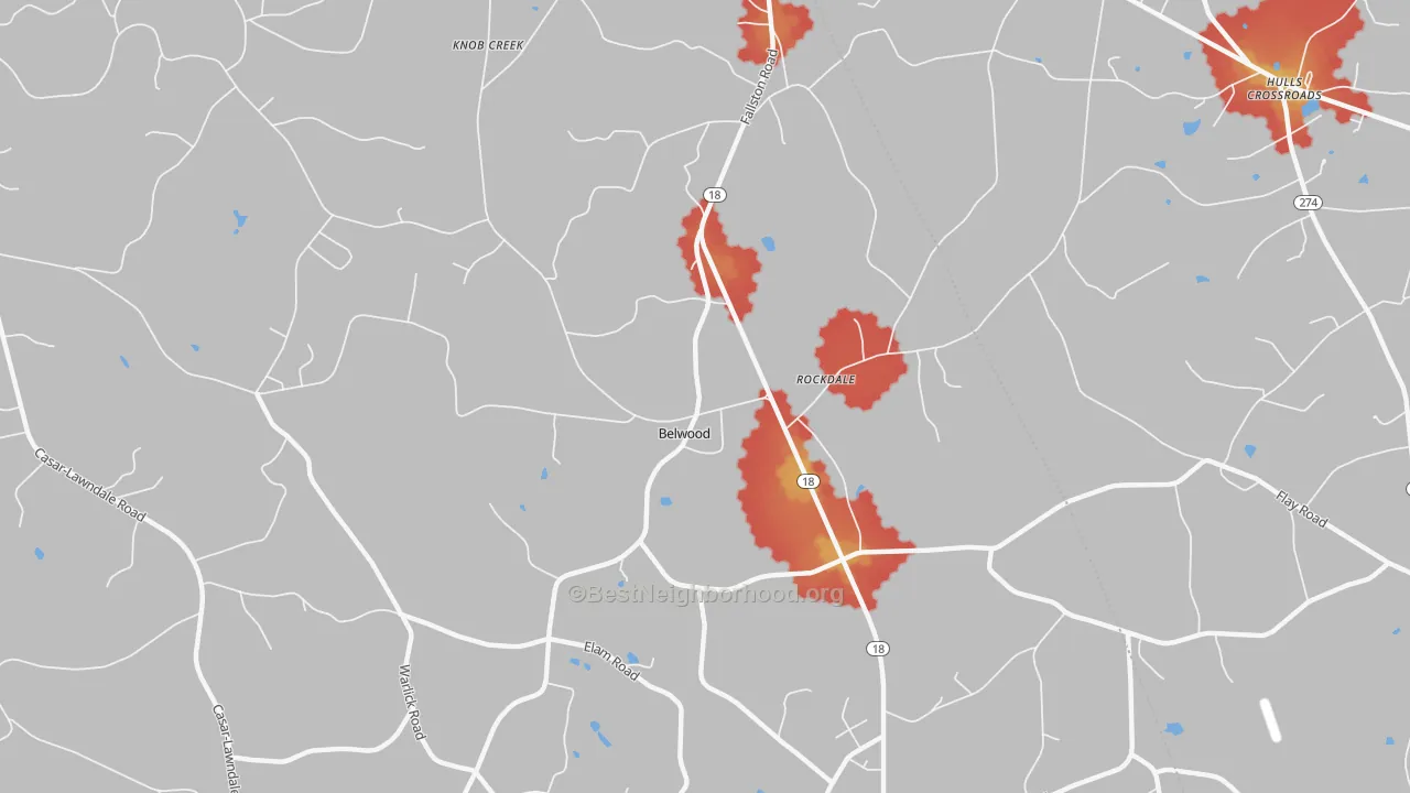 Walk Grade map of Belwood, NC, walkable areas in green and car-dependent areas in red