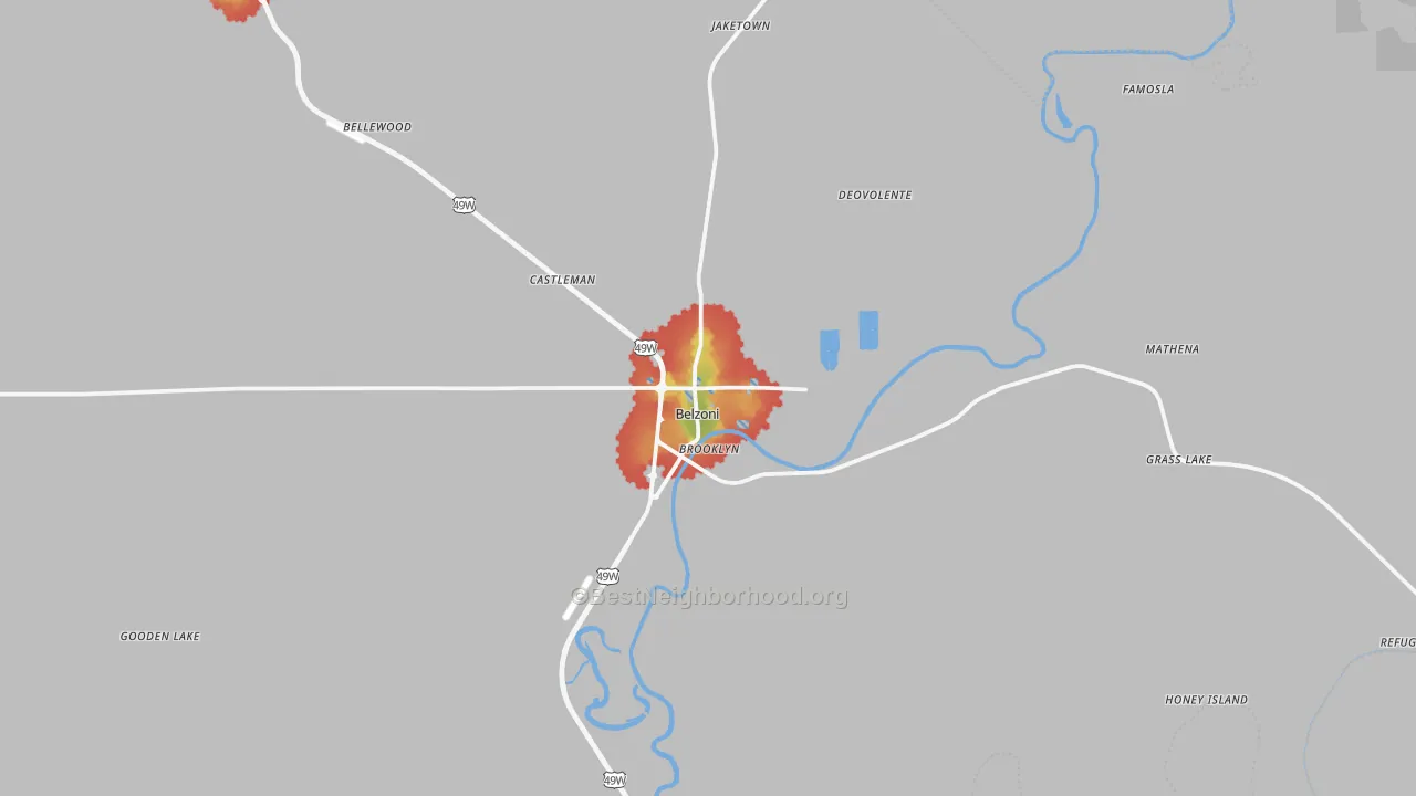 Walk Grade map of Belzoni, MS, walkable areas in green and car-dependent areas in red