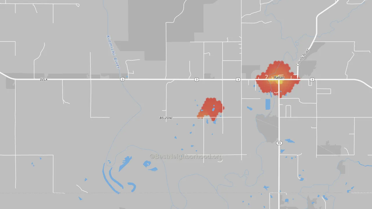 Walk Grade map of Belzoni, OK, walkable areas in green and car-dependent areas in red