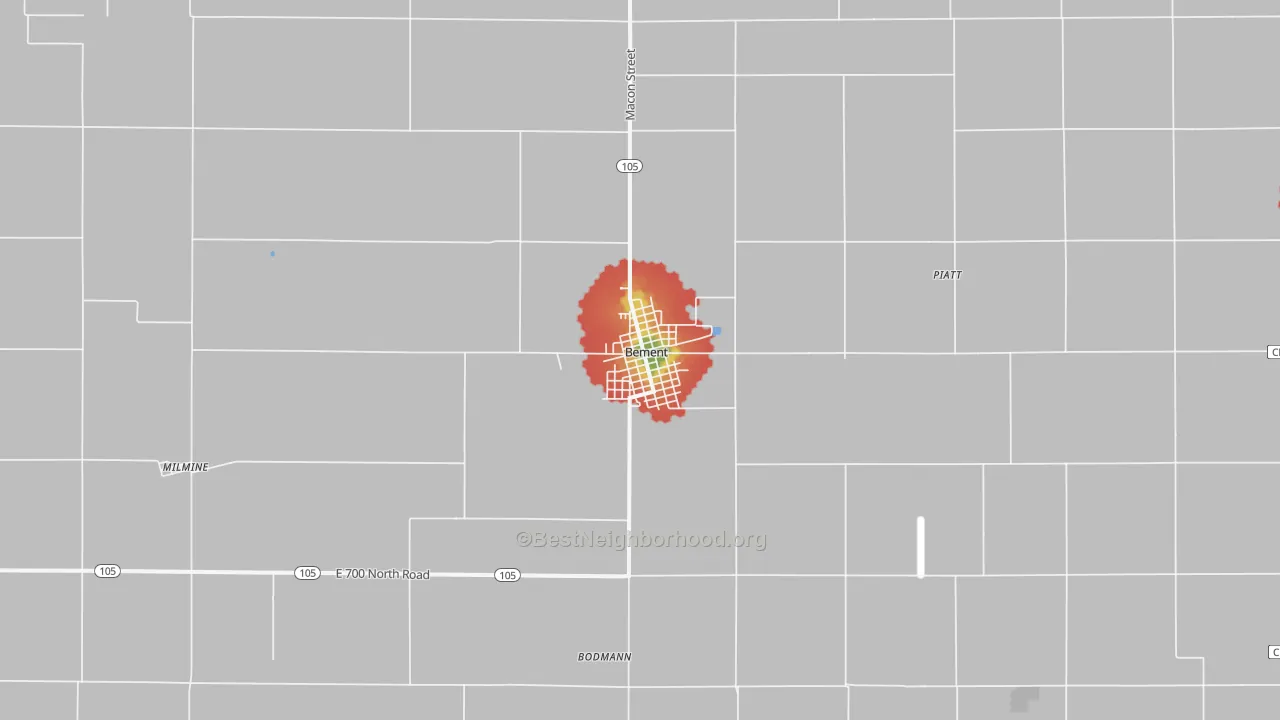 Walk Grade map of Bement, IL, walkable areas in green and car-dependent areas in red