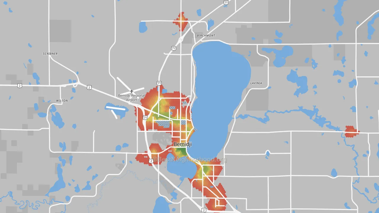 Walk Grade map of Bemidji, MN, walkable areas in green and car-dependent areas in red