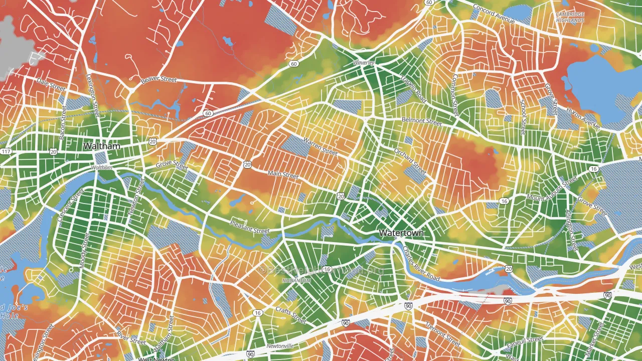 Walk Grade map of Bemis, Watertown Town, MA, walkable areas in green and car-dependent areas in red