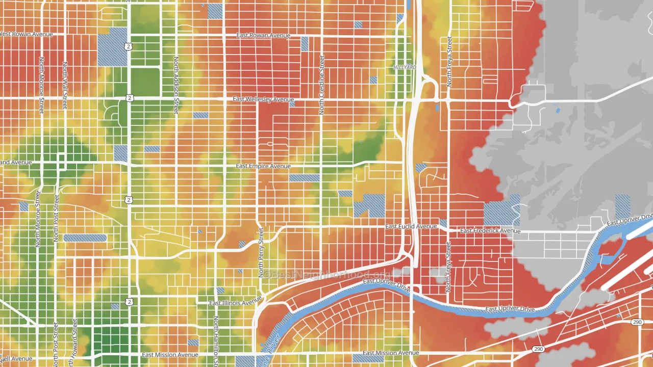 Walk Grade map of Bemiss, Spokane, WA, walkable areas in green and car-dependent areas in red