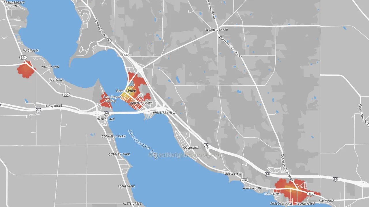 Walk Grade map of Bemus Point, NY, walkable areas in green and car-dependent areas in red
