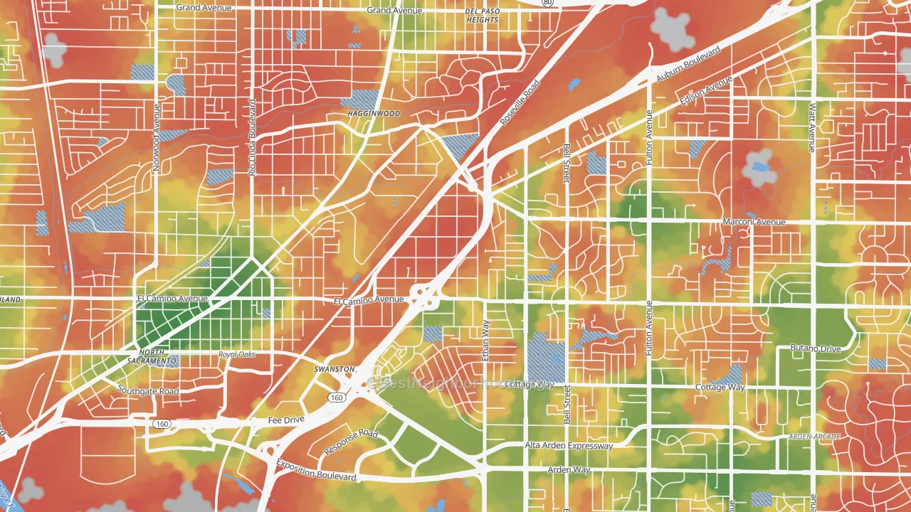 Walk Grade map of Ben Ali, Sacramento, CA, walkable areas in green and car-dependent areas in red